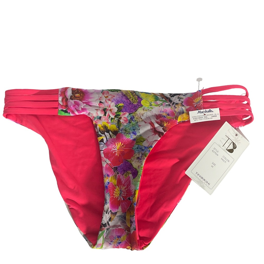 TiniBikini NWT’s Reversible Floral Orange Pink Swim Hi-Cut String Bottoms Sz MED